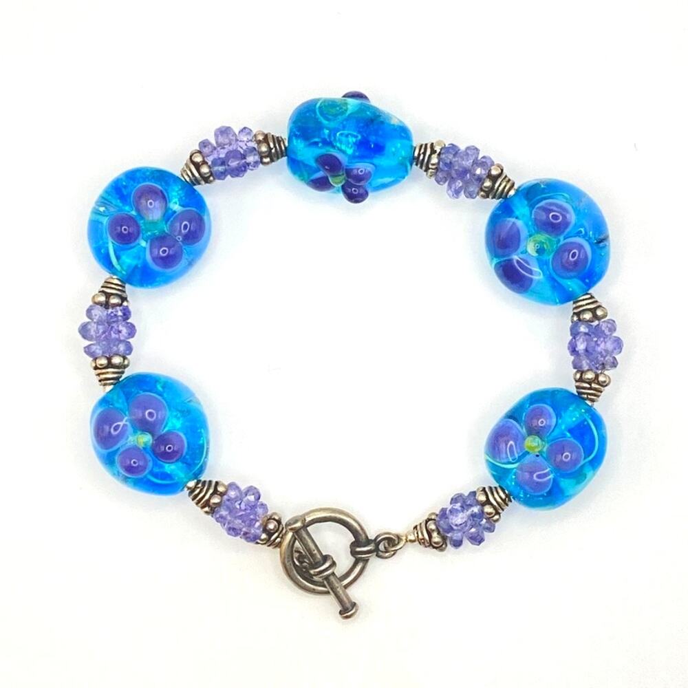 Handmade Glass Bead Lampwork Bracelet Blue Purple Flower 925 Silver Toggle Clasp
